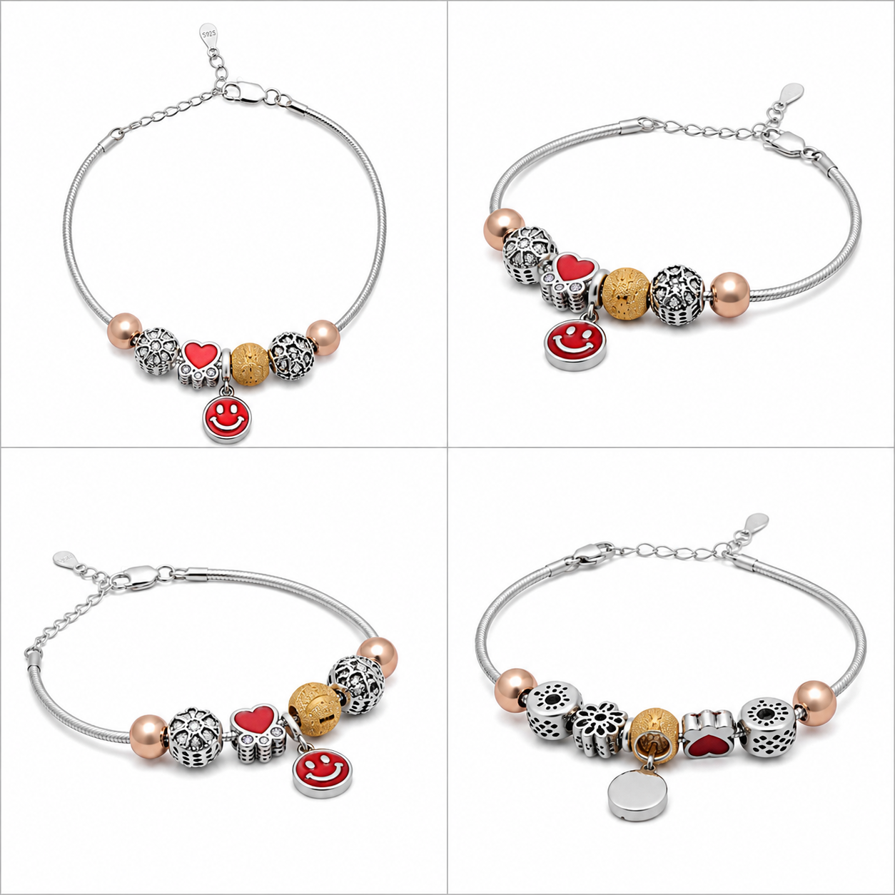 925 Sterling Silver Smiley Charm Bracelet