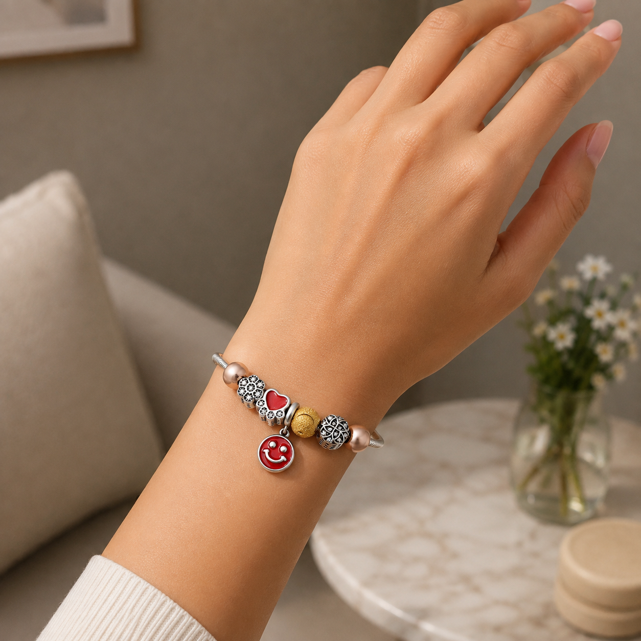 925 Sterling Silver Smiley Charm Bracelet