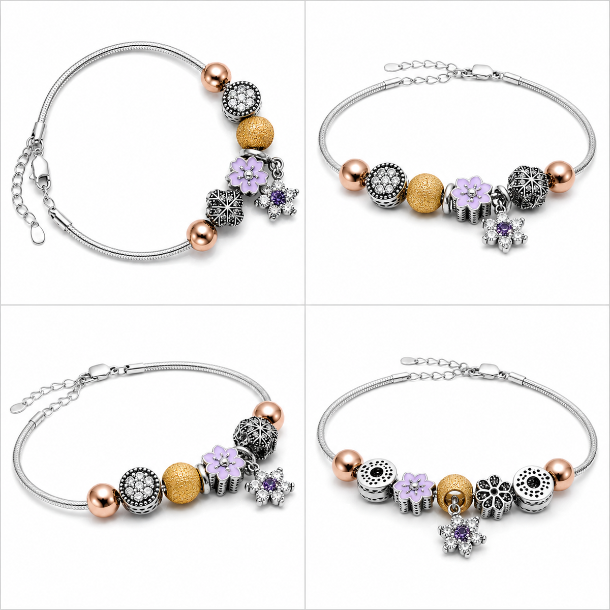 925 Sterling Silver Lilac Flower Charm Bracelet