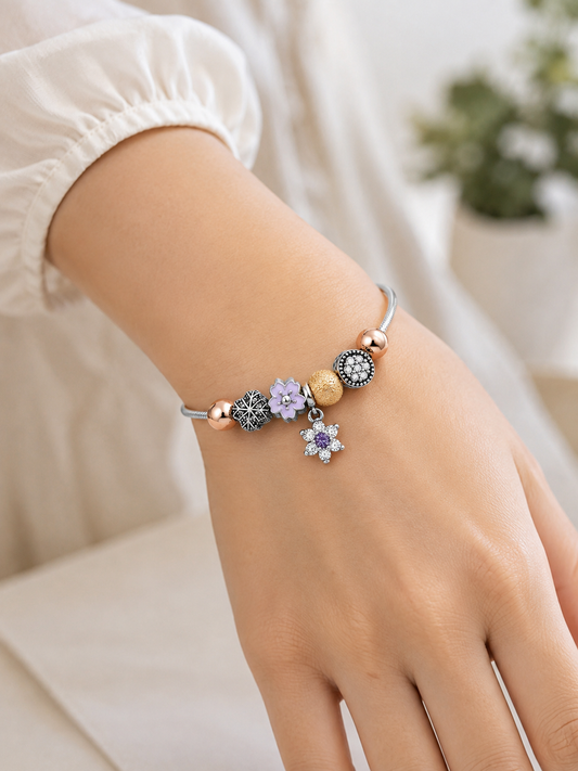 925 Sterling Silver Lilac Flower Charm Bracelet