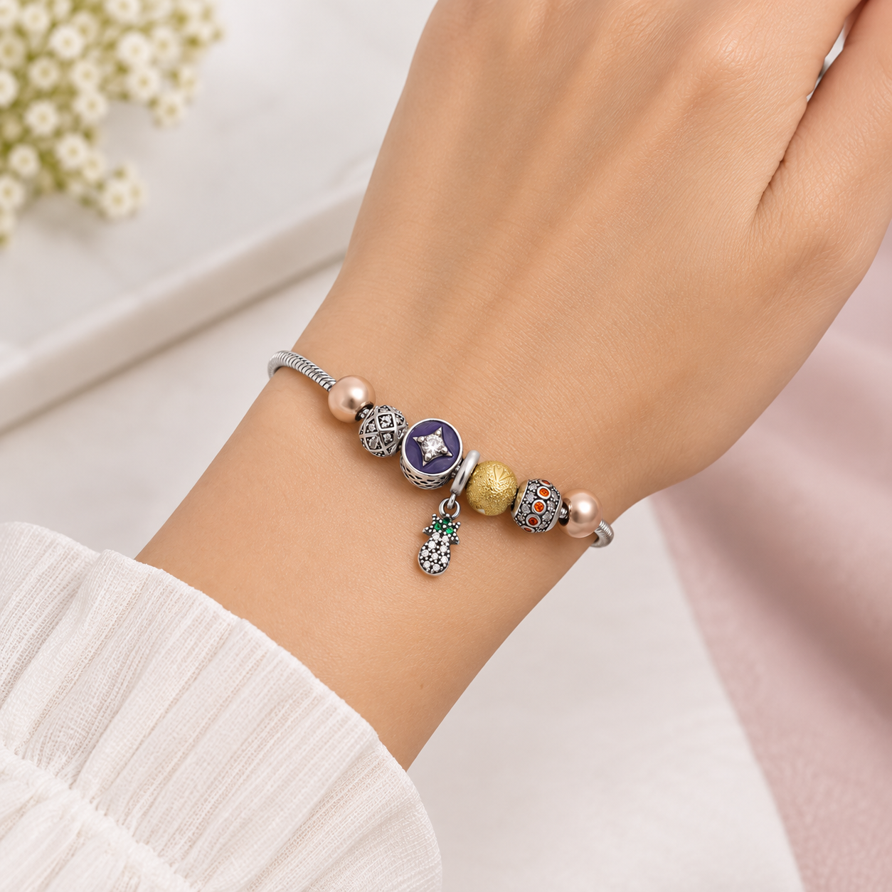 925 Sterling Silver Coconut Charm Bracelet