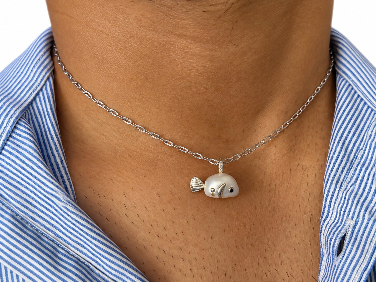 925 Sterling Silver Fish Pendant Necklace with Two-Tone Details