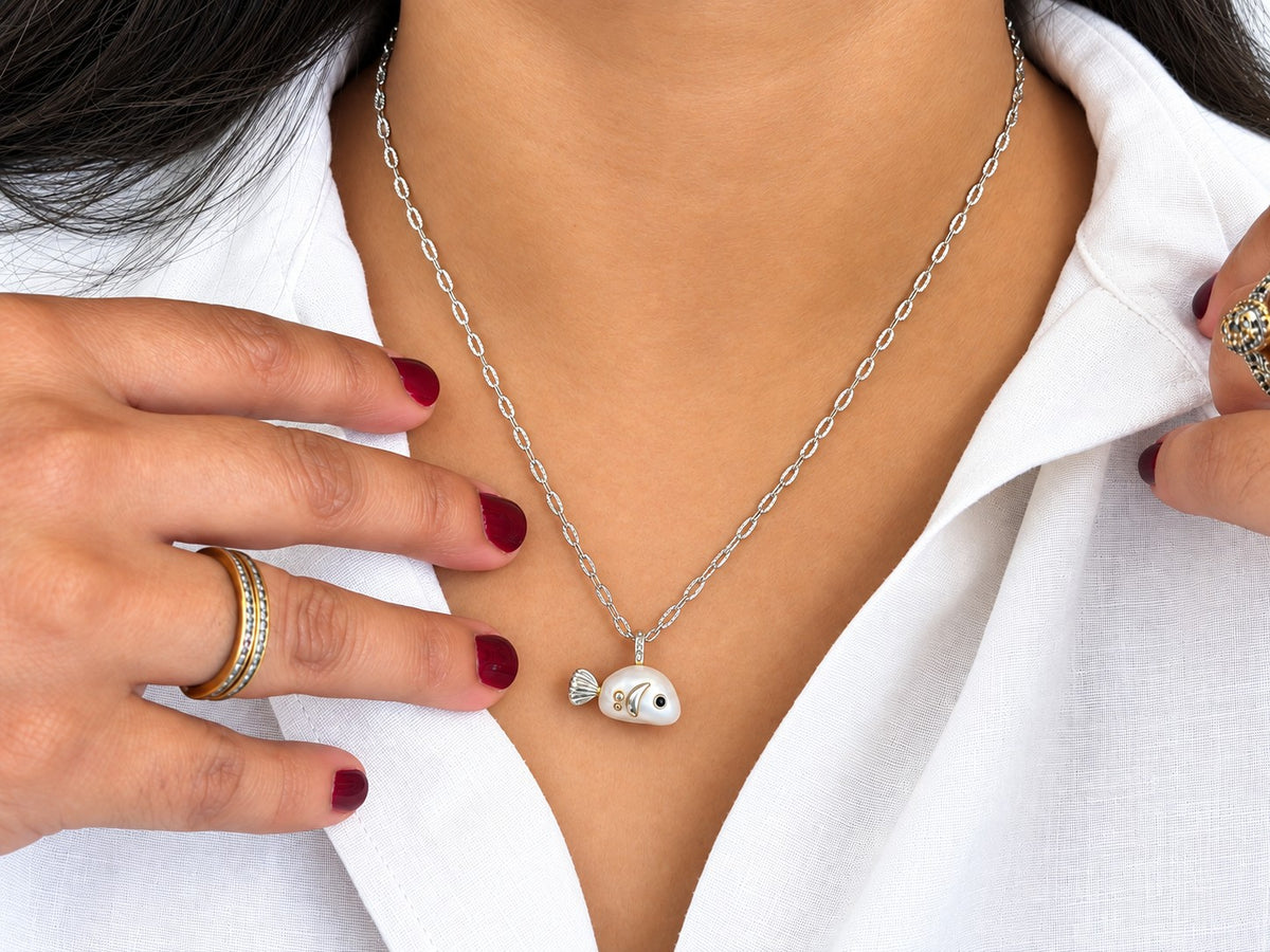 925 Sterling Silver Fish Pendant Necklace with Two-Tone Details